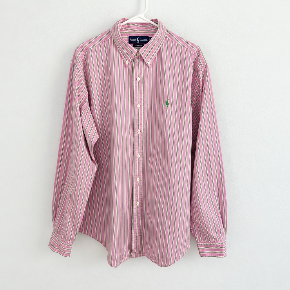 Ralph Lauren Mens Pink Green Striped Button Down Pony Dress Shirt Classic Fit XL
